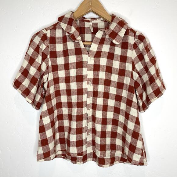 Rylee + Cru Button Up Ruby Rust Cream Plaid Top Girls 4-5 Short Sleeve Oversized - Picture 1 of 5